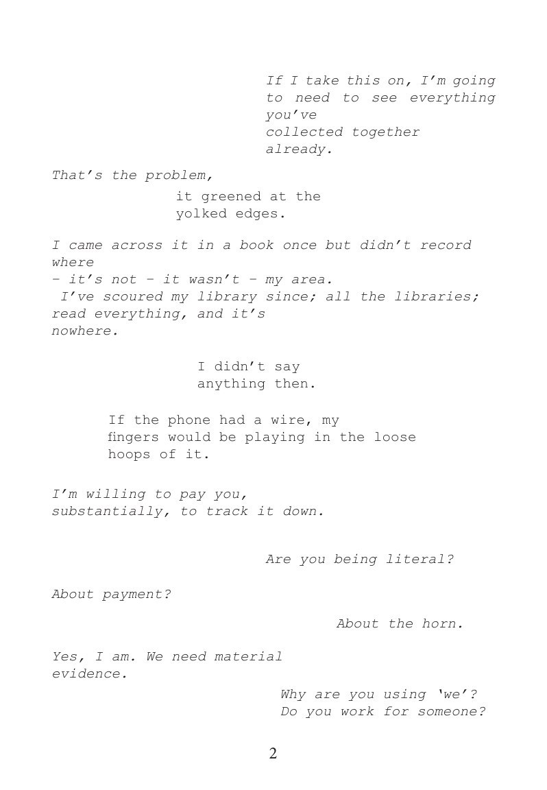 Interior — narrator ranged left, the caller pushed to the right margin in italic