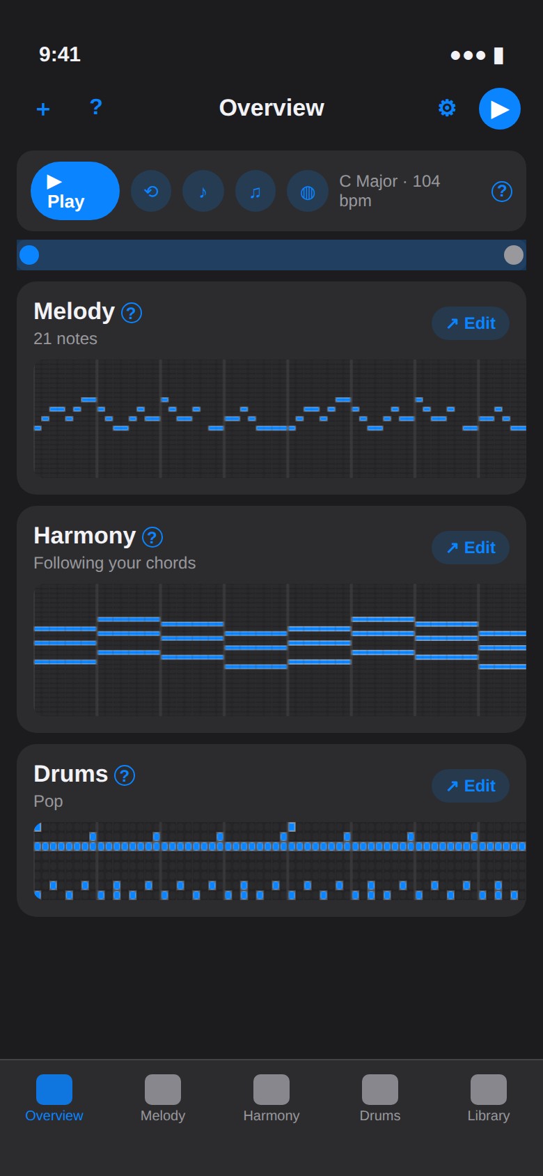 Overview — melody, chords and drums in one place