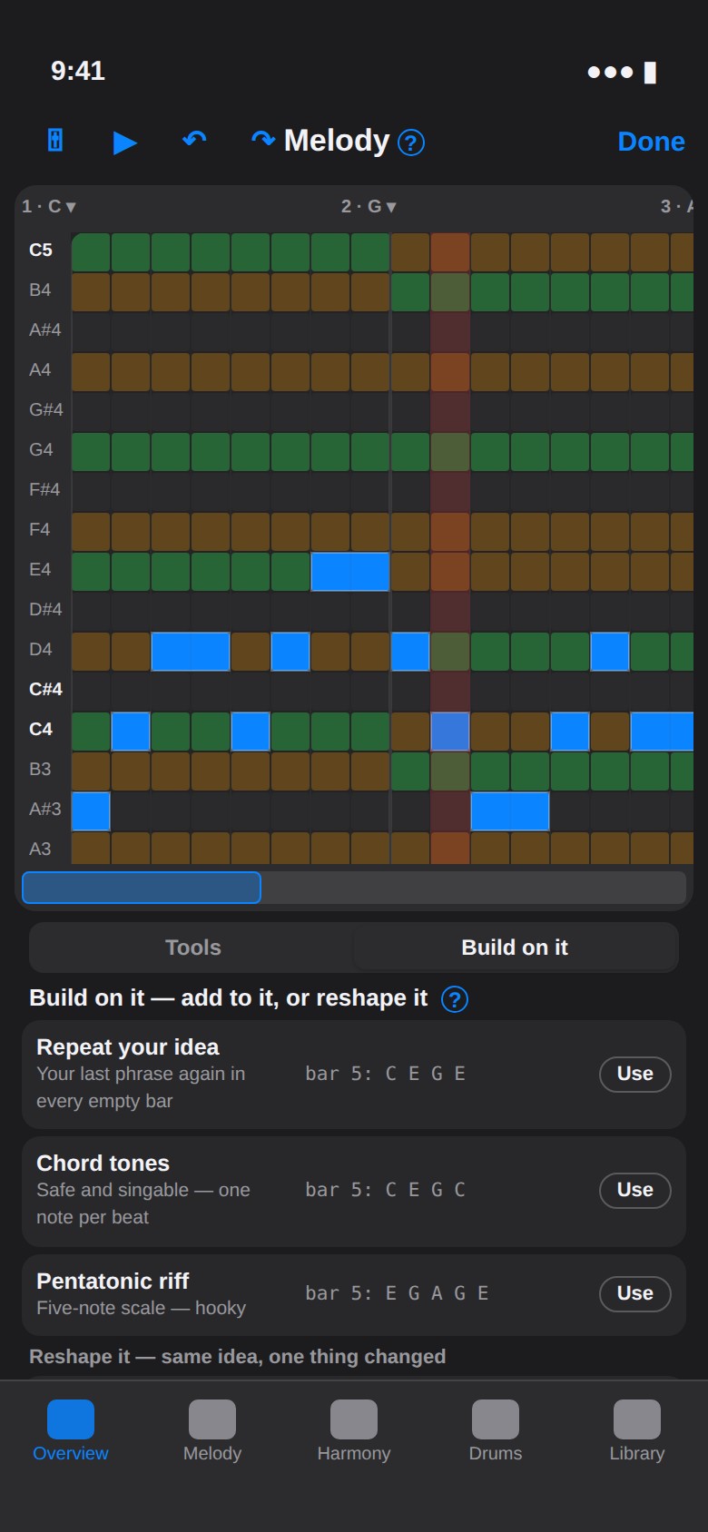 The melody grid: green fits the chord, amber is in the key, grey will sound off