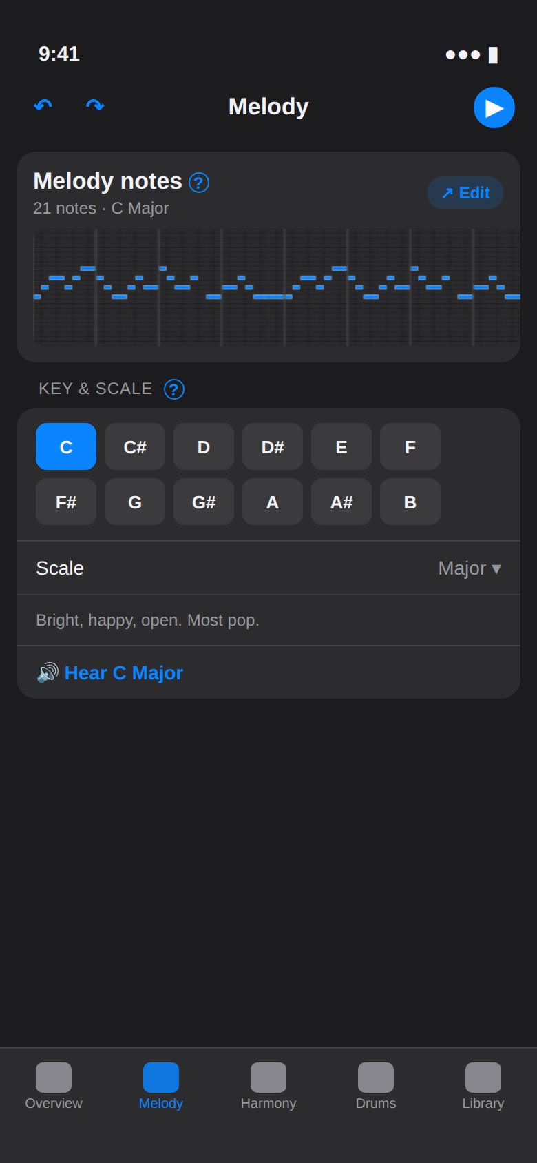 Every scale carries a feel and a Hear button