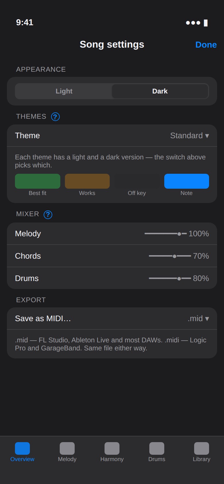 Themes, mixer and export