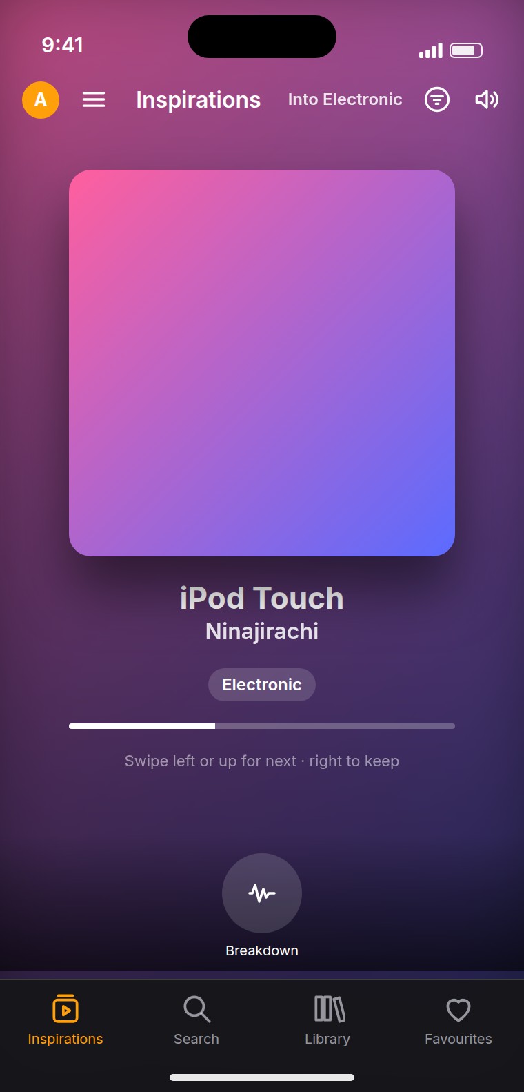 Inspirations: one song at a time, swipe to keep or skip