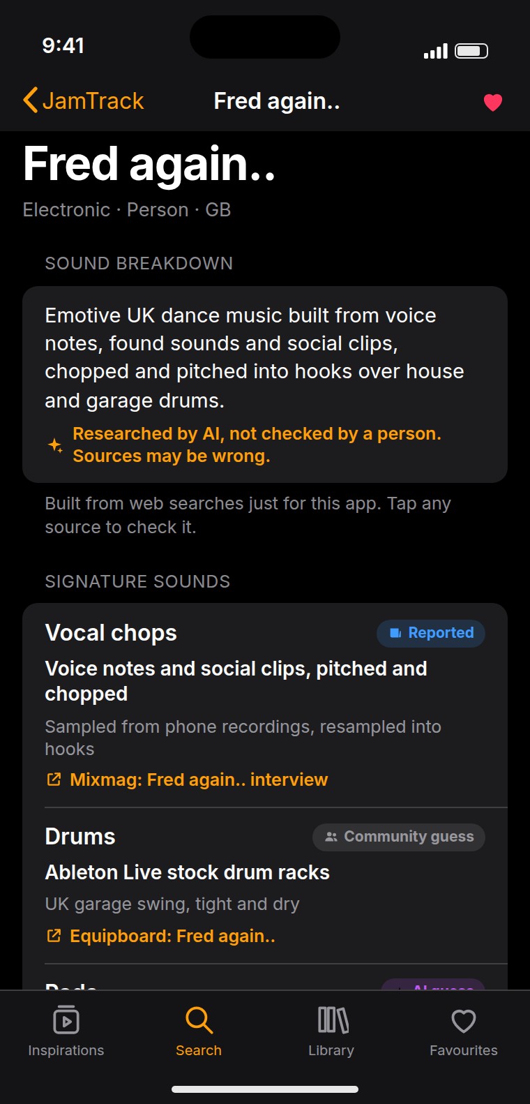With no hand-researched version, the app goes looking — and says so at the top