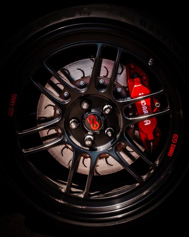 A caliper sitting behind the spokes