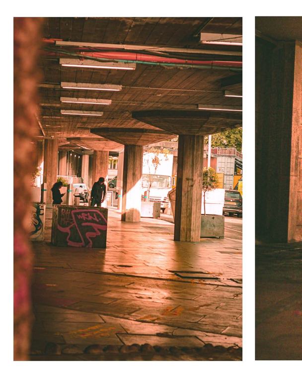 Concrete undercroft, strip lights and columns