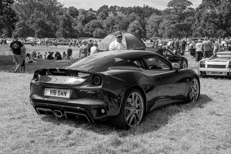 A Lotus in black and white, crowd behind