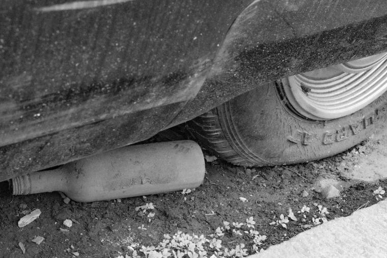 A tyre, in black and white