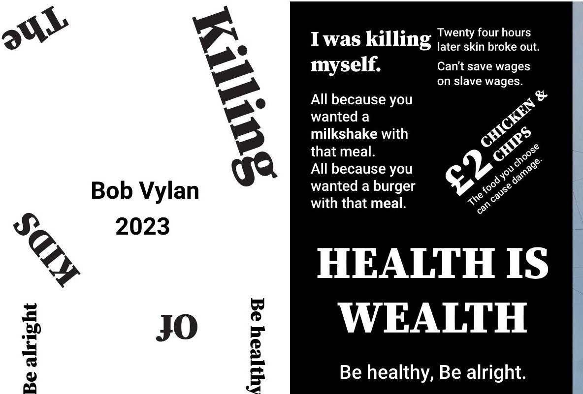 Artwork — type positioned to survive being broken across the creases